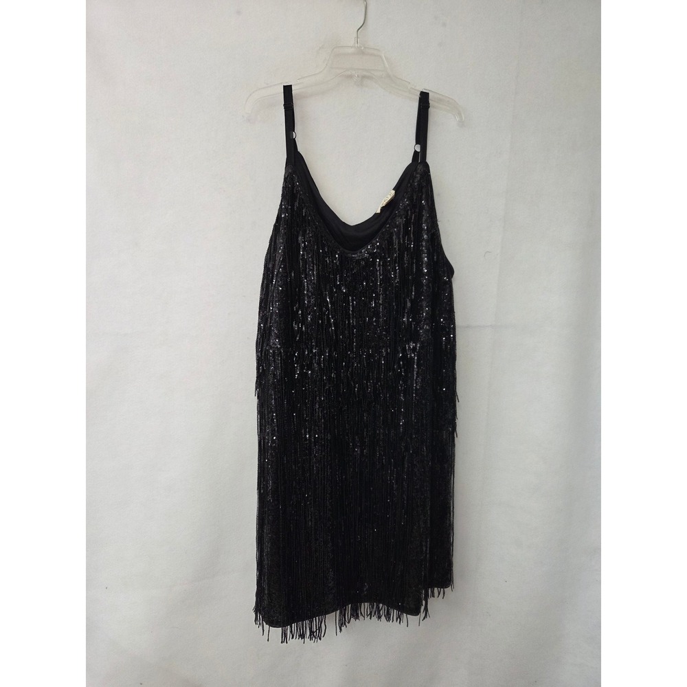 Festi Sequin Fringe Dress Women 30 Black Flapper Gatsby V-Neck Mini Party